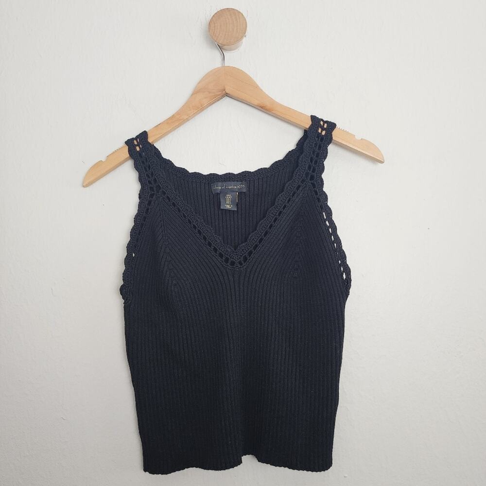 House of Harlow 1960 Black Crochet Pointelle Ribbed Knit Crop Tank Top V-Neck S